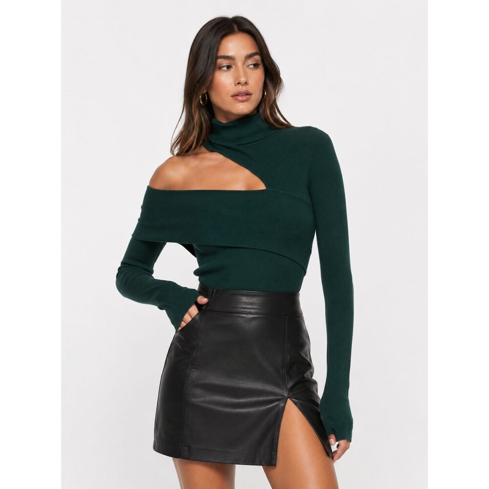 NBD Revolve Kiera Sweater Knit Top Size XS Forest Green Turtleneck Cutout Ribbed